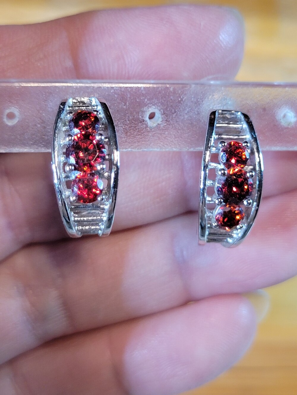 Rhodium Plated Red Cubic Zirconia Half Hoop Pierced Earrings Fashion Jewelry